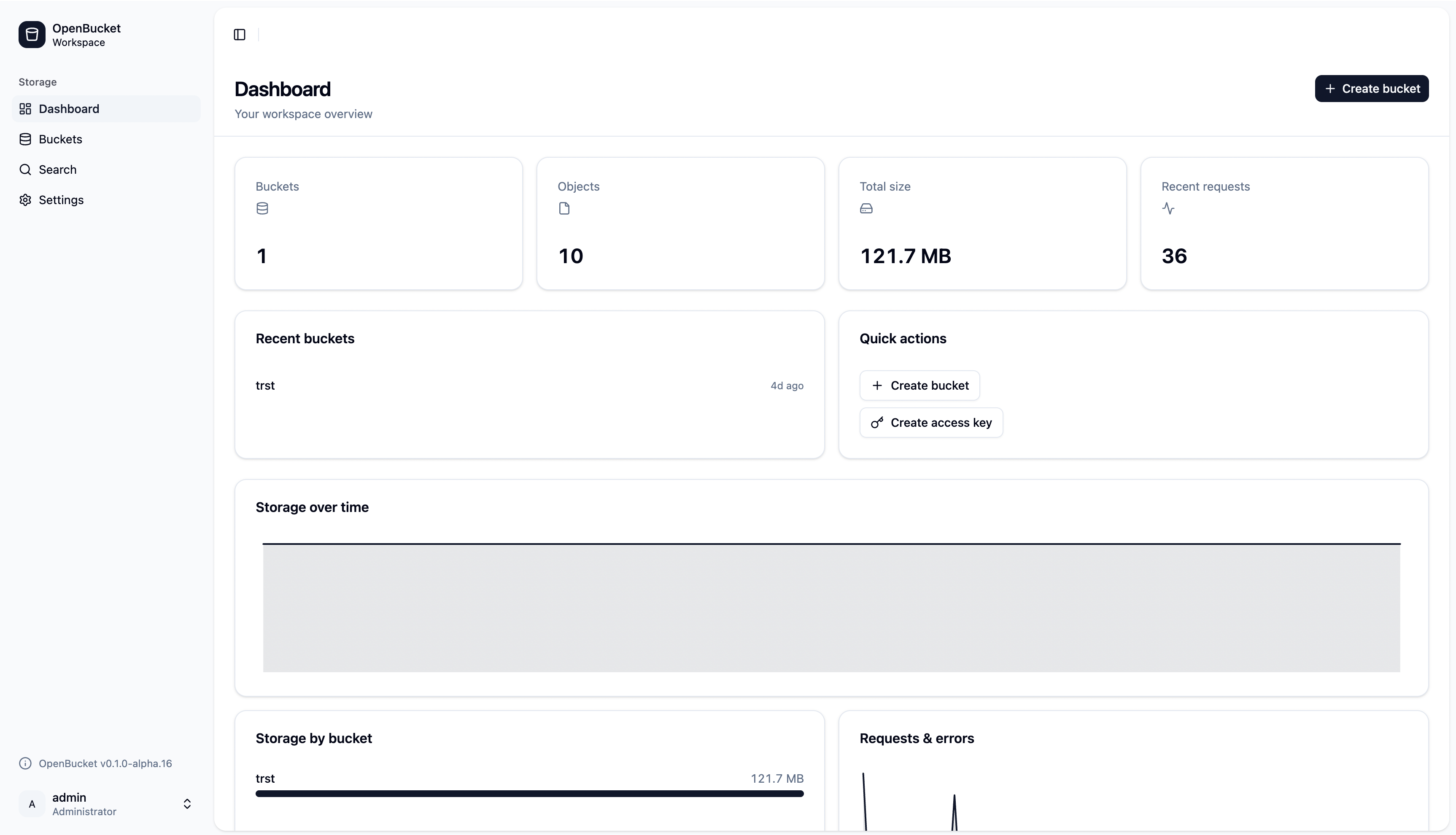 The OpenBucket admin console — the dashboard, with buckets, usage, and health at a glance