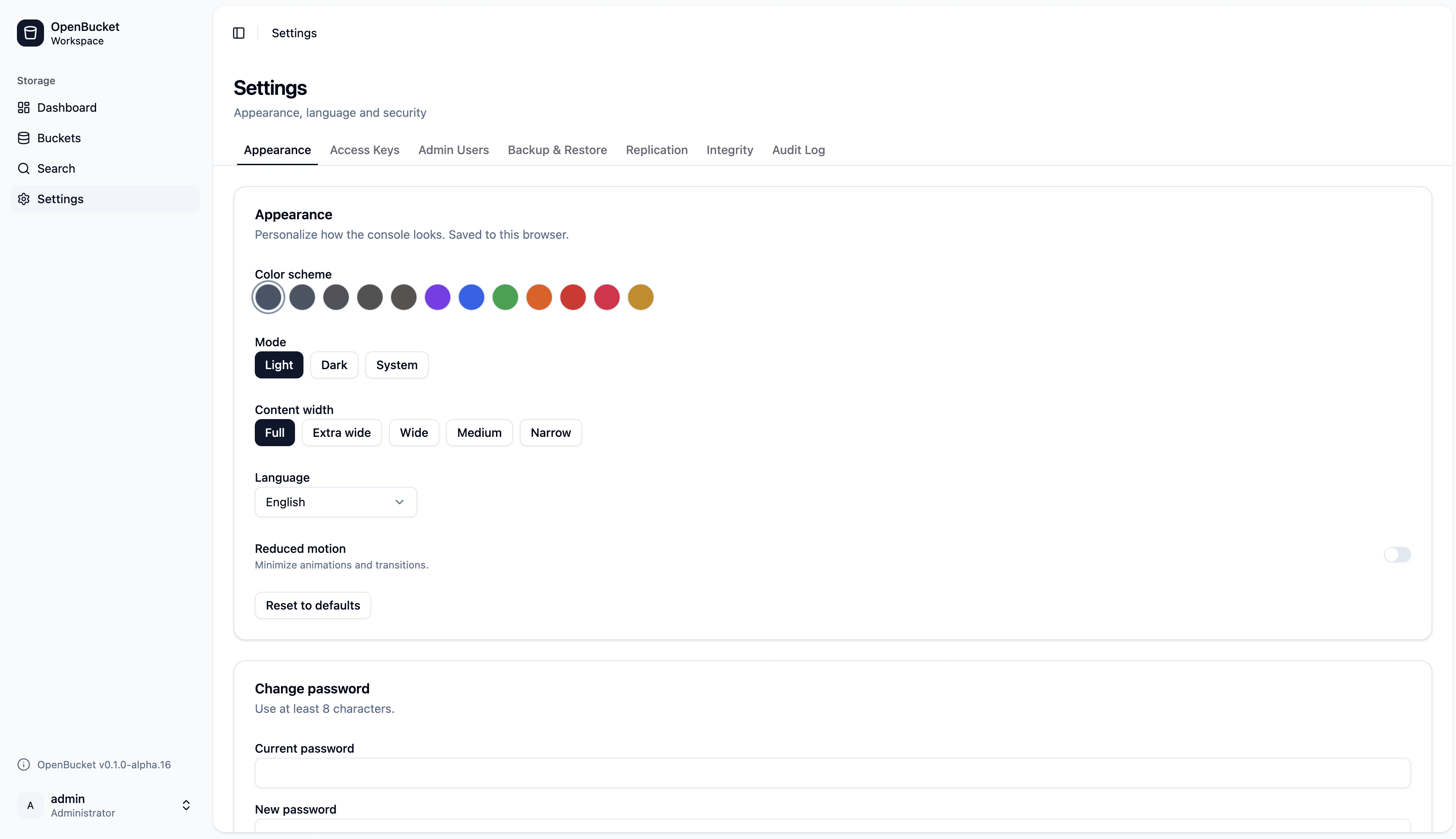 The Settings area — access keys, admin users, backup & restore, replication, and the audit log, consolidated into tabs